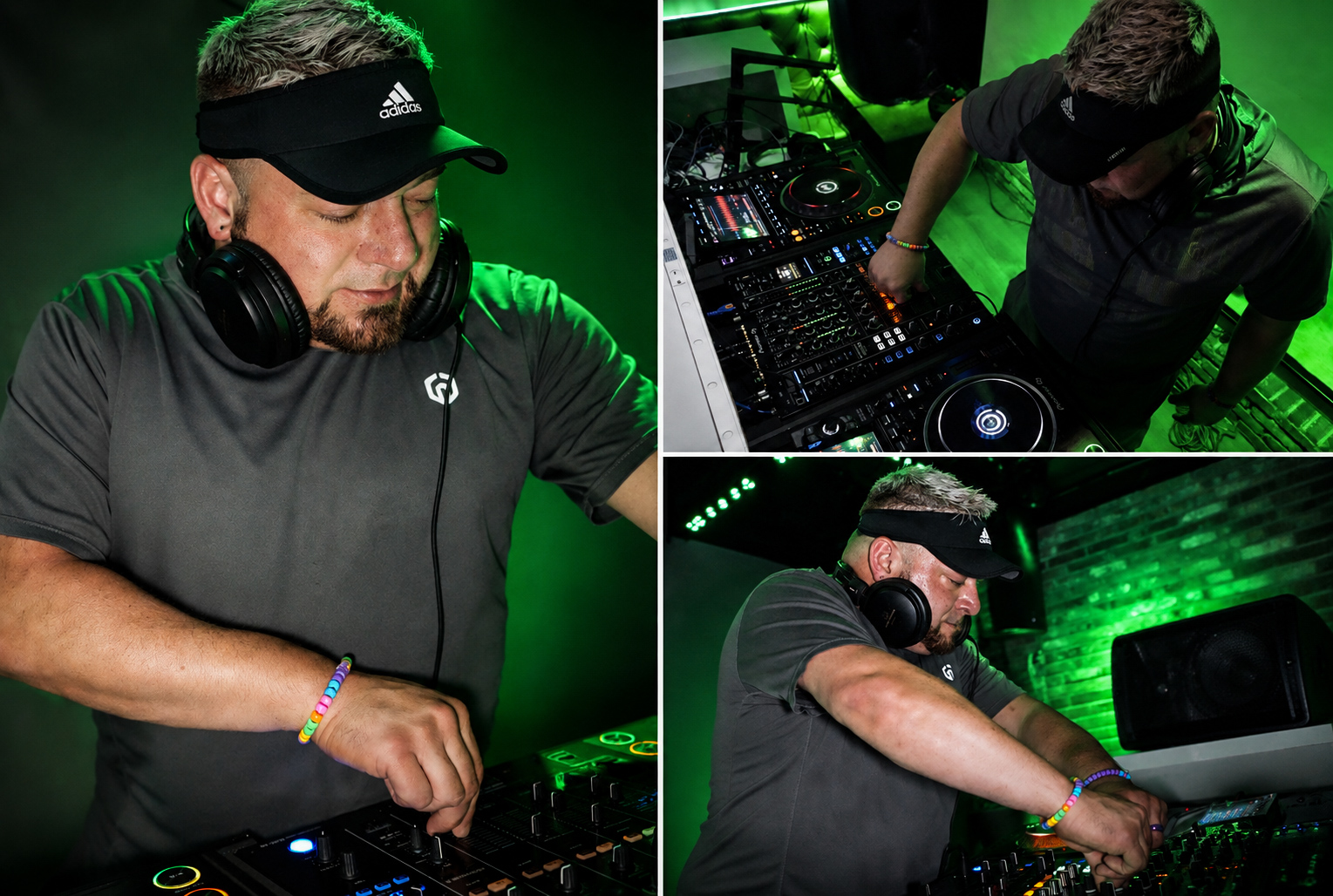 Three images of a DJ wearing headphones and a cap, mixing music in a green-lit environment.