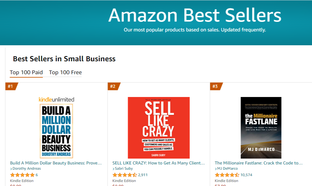 Amazon Best Sellers page with top three small business books, titles include 'Build a Million Dollar Business,' 'Sell Like Crazy,' and 'The Millionaire Fastlane.'