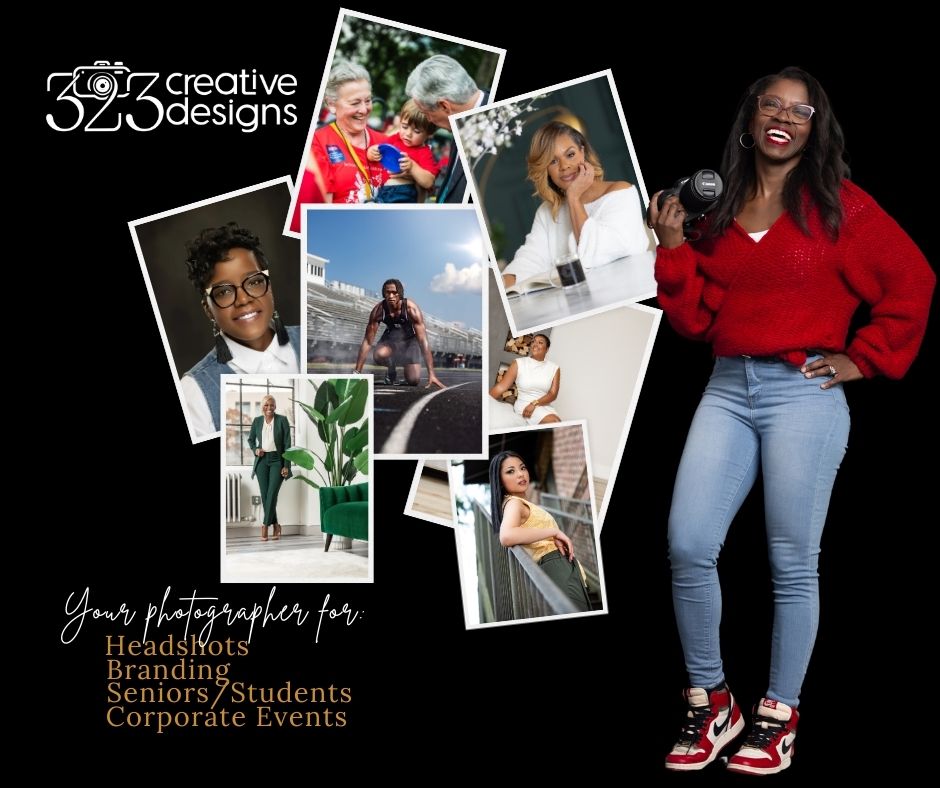 Young woman in red sweater and jeans smiling with photos of people and landscapes on black background.