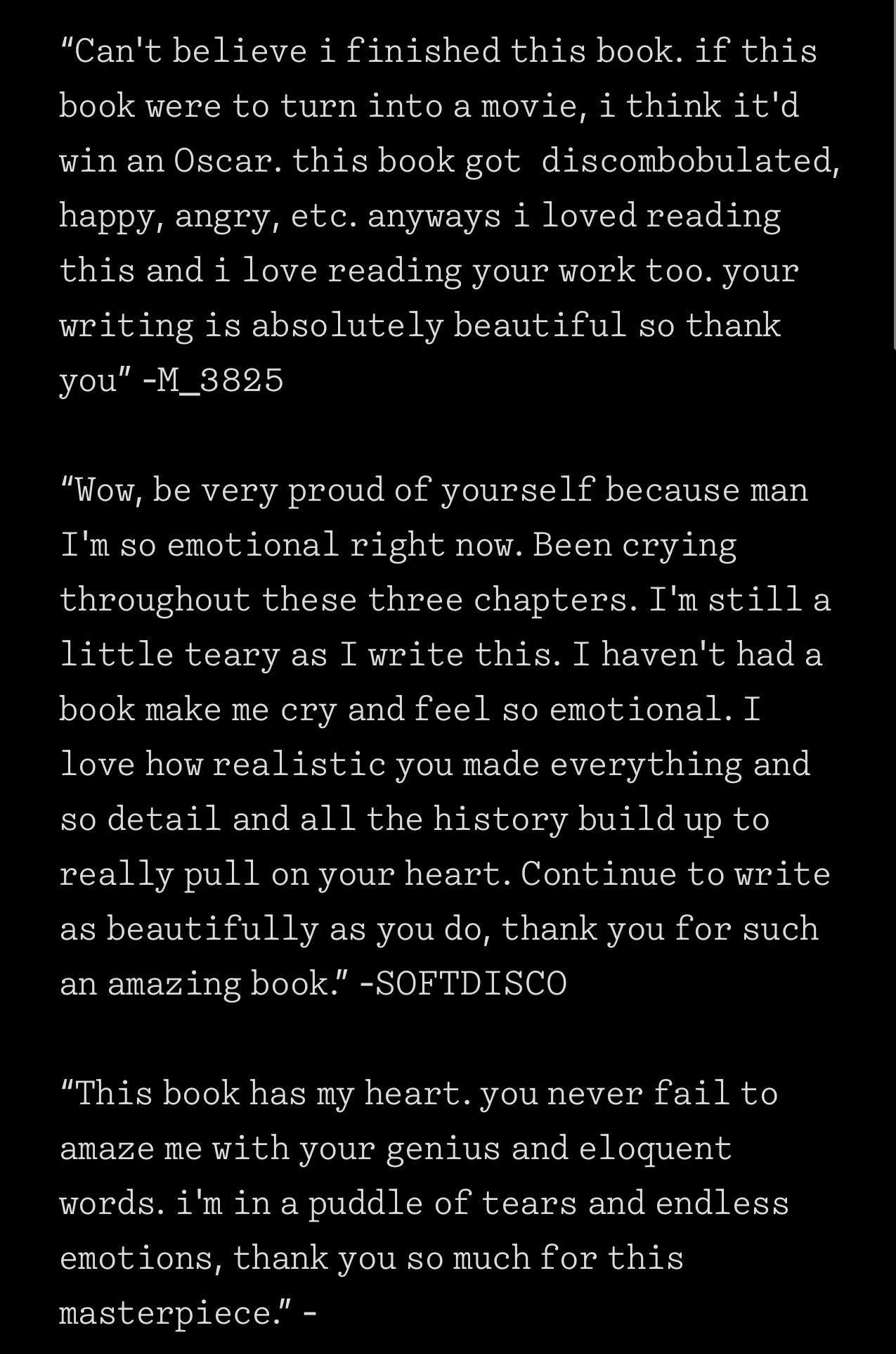 Text excerpt with quotes about books, emotions, and inspiration, displayed on a plain background.