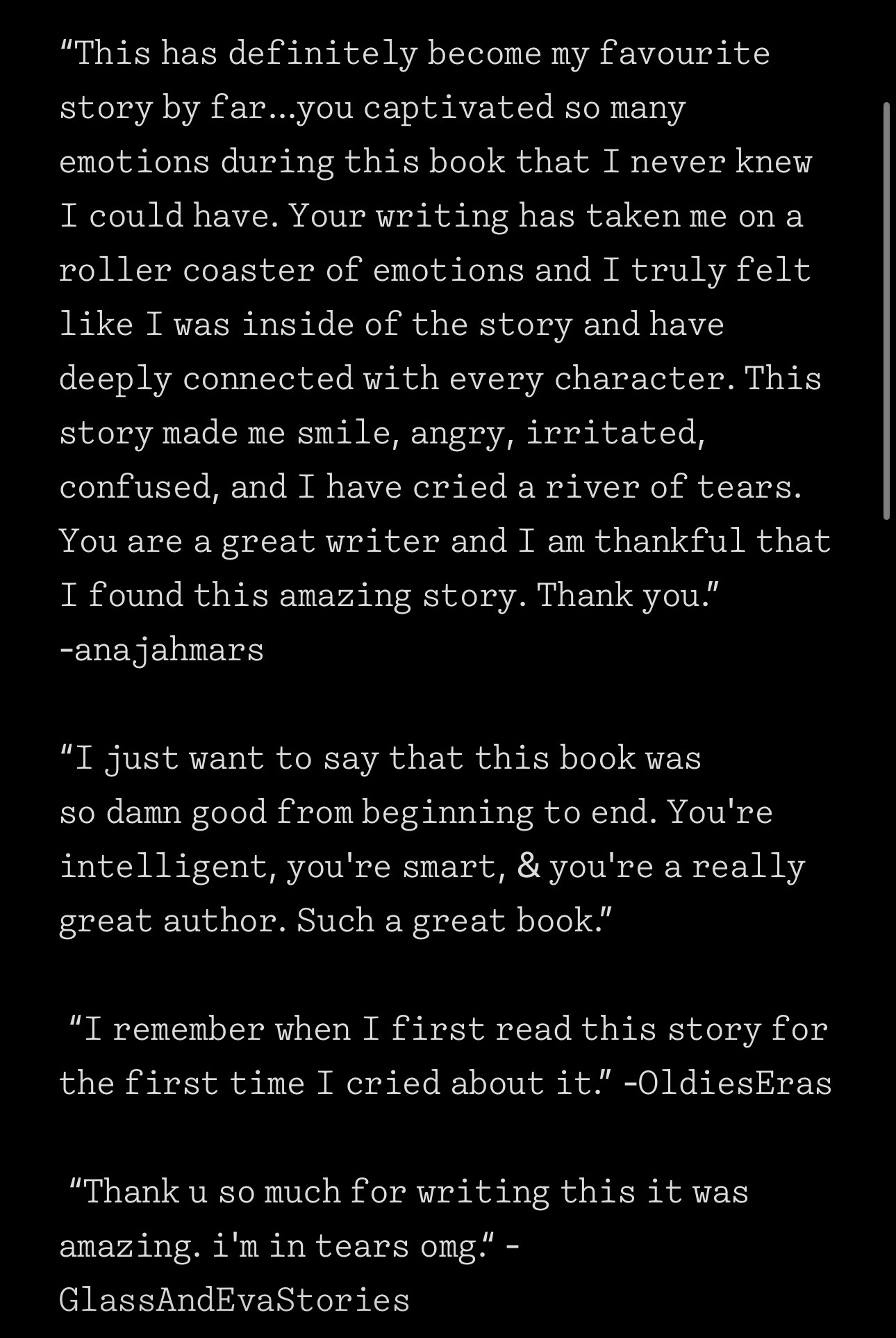 Quote about a story becoming a favorite, expressing emotions and gratitude for the book, with multiple testimonials included.