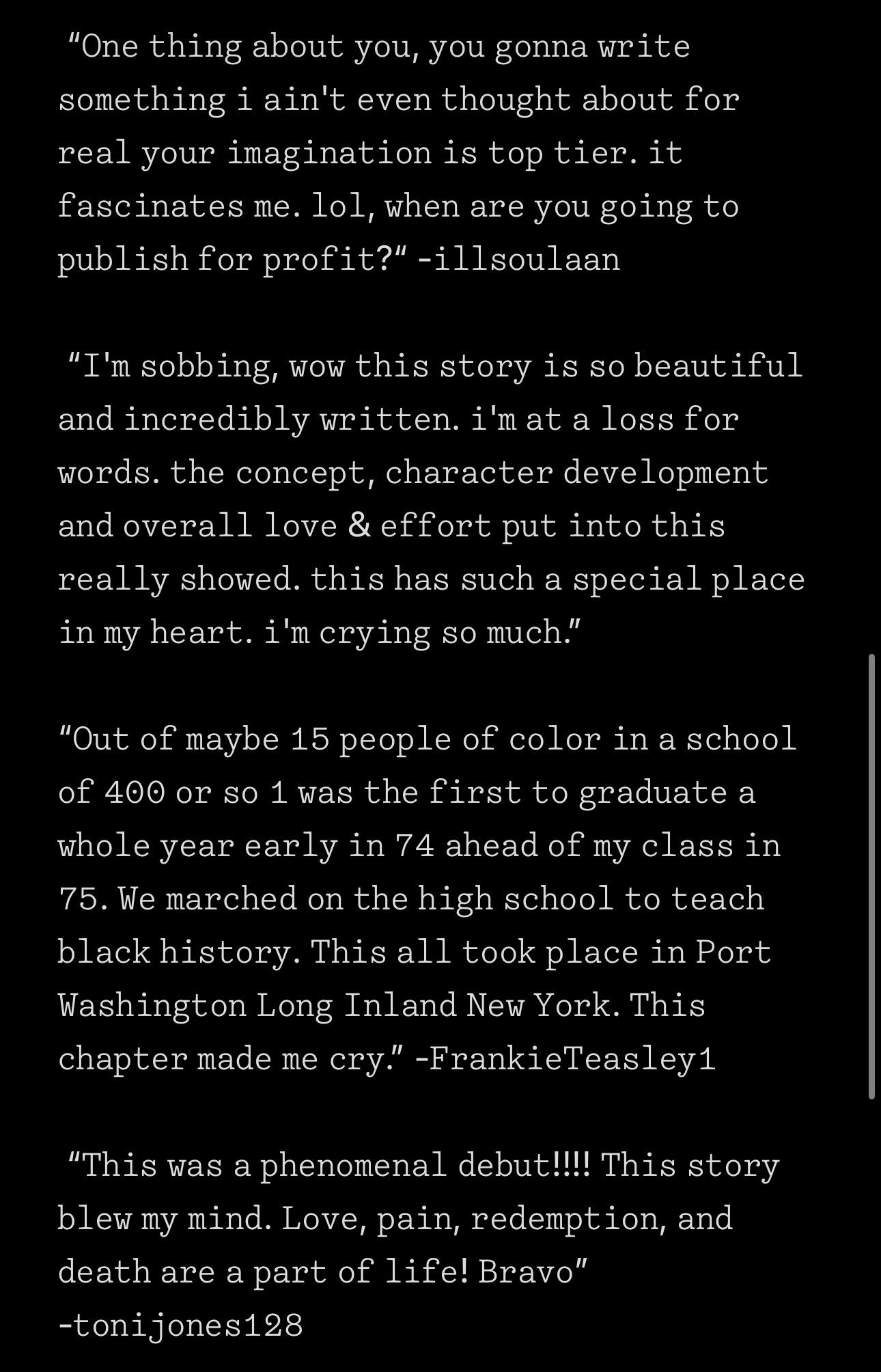 Text excerpts about writing, emotions, diversity, and personal growth, with no images or people visible.
