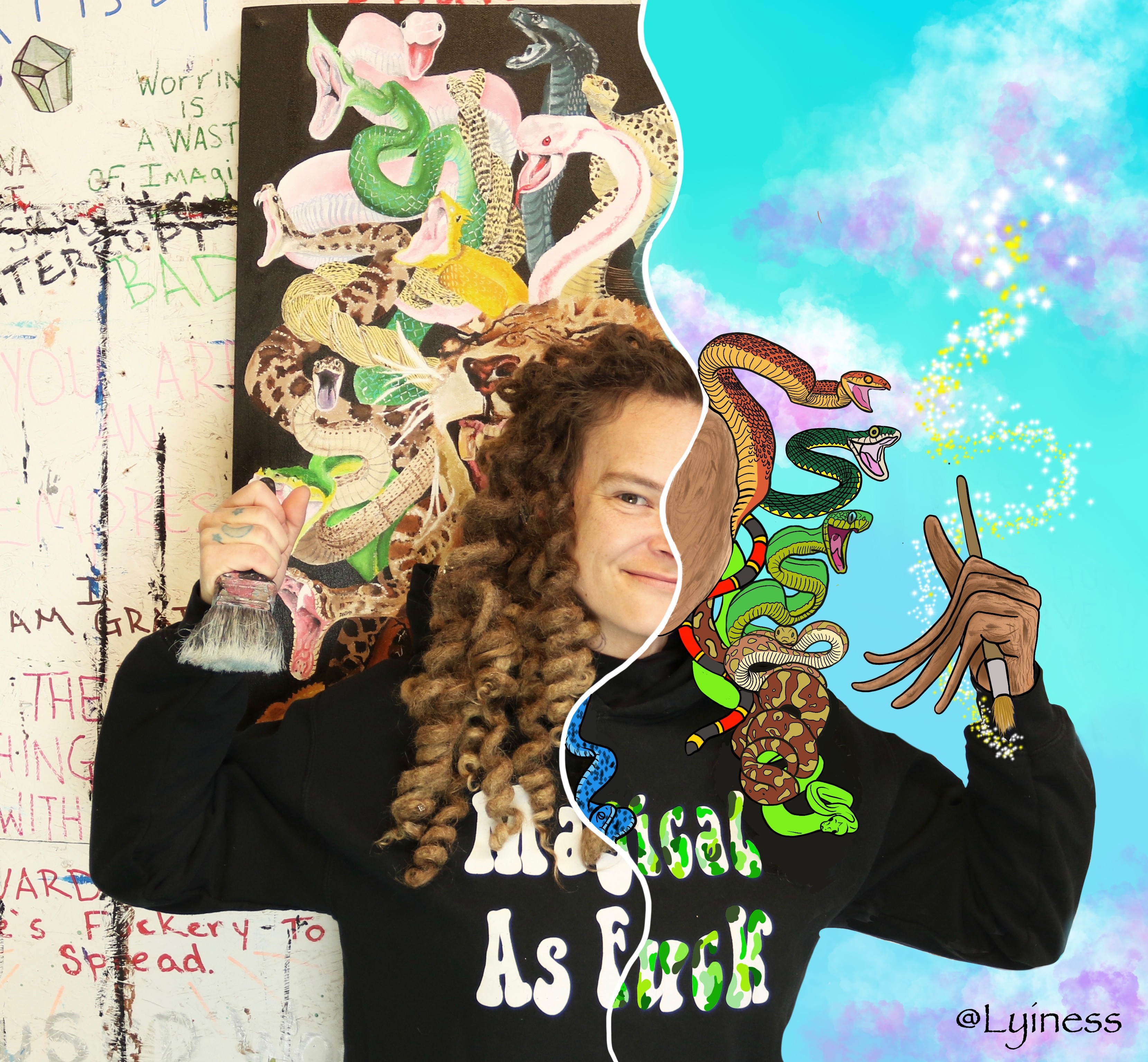 Person with curly hair holding a paintbrush, standing in front of a colorful mural with snakes and dragons, smiling.