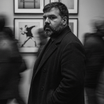 Man with beard and dark coat standing in art gallery with blurred visitors and framed artwork behind him.