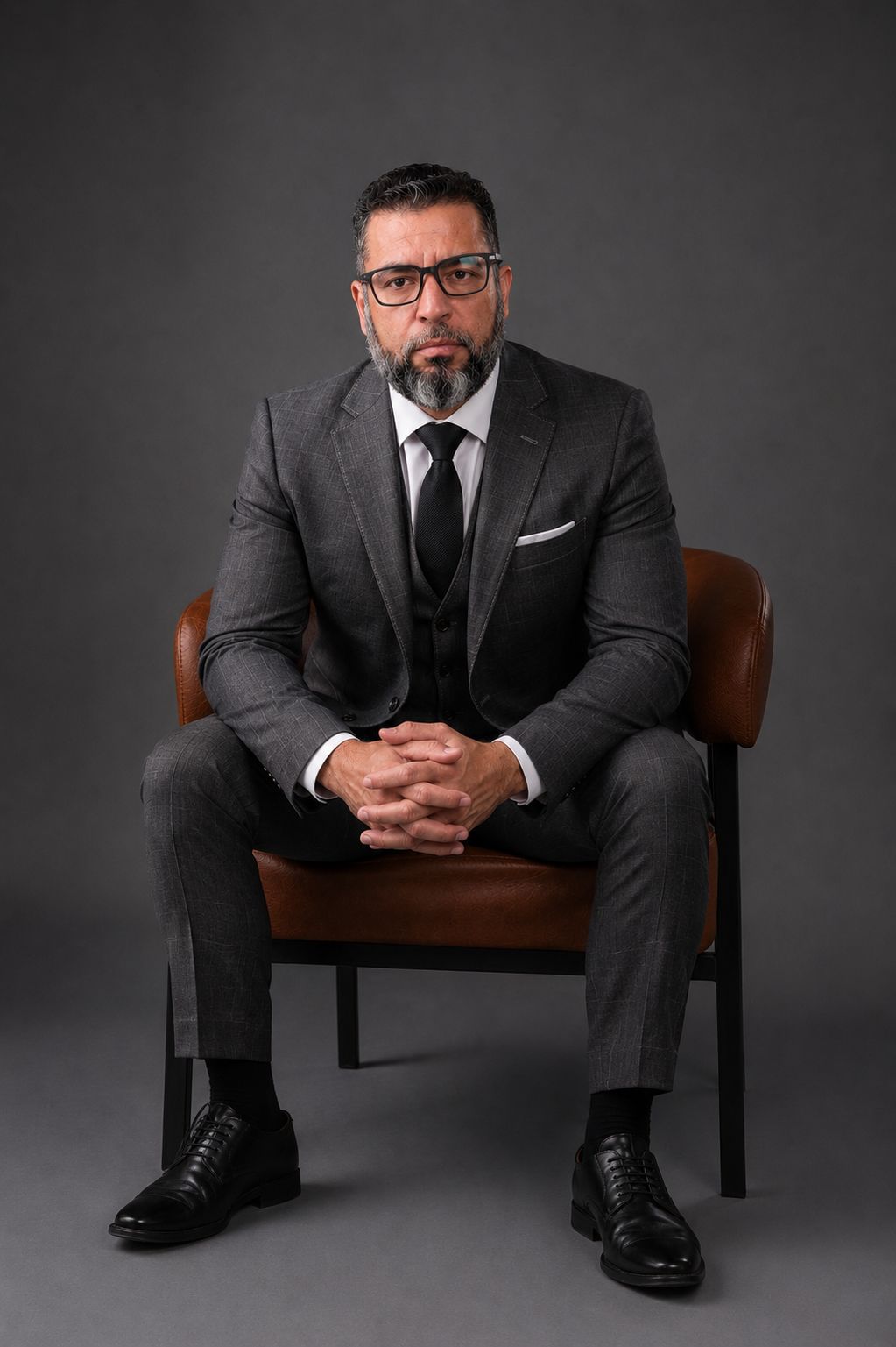 Man in a suit sitting on a chair with hands clasped, against a dark background.