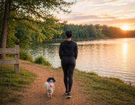 Person walking a dog along a lakeside path during sunset, trees on the left, water on the right.