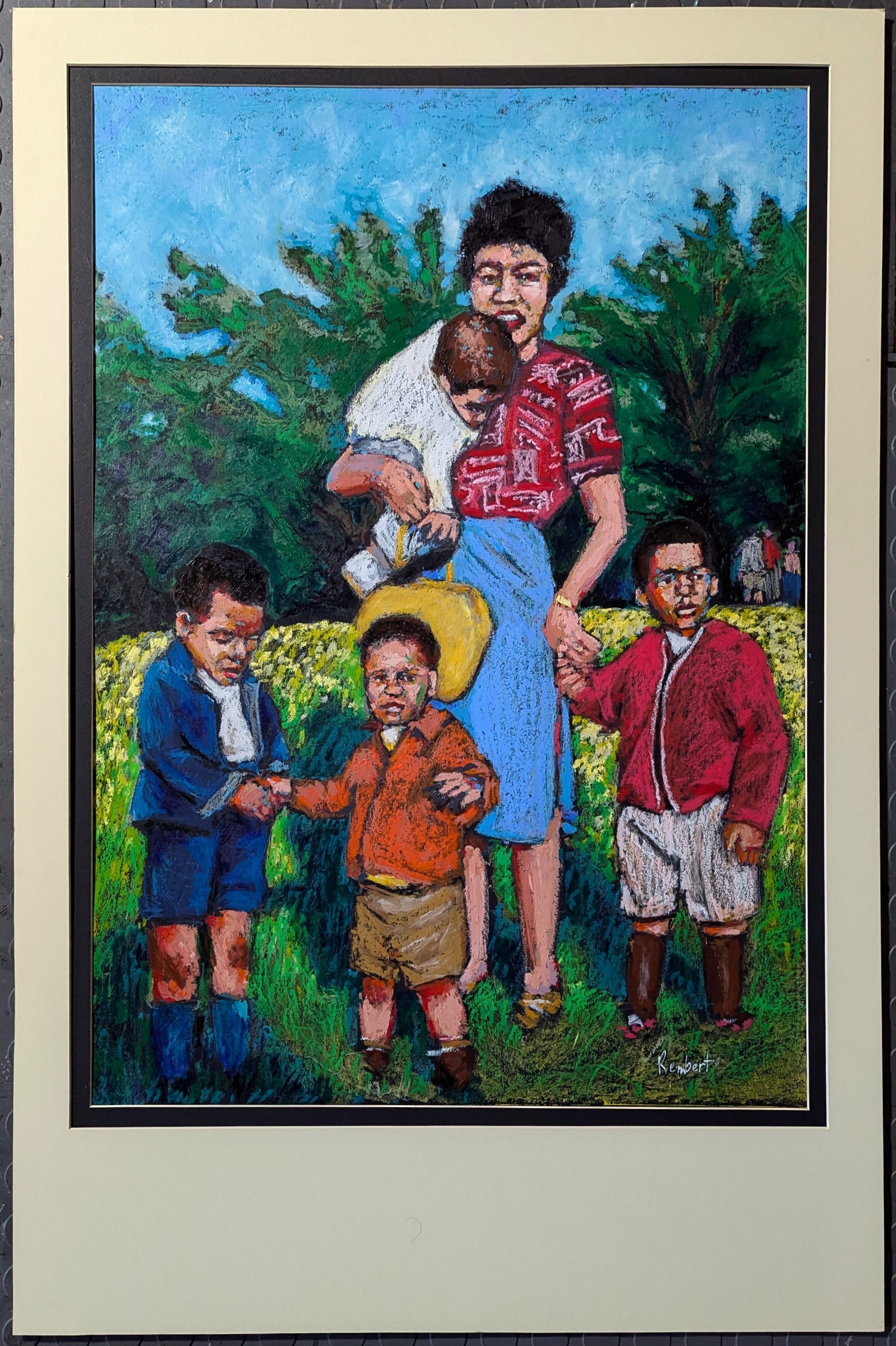 A woman sitting outdoors with four children, holding a baby, surrounded by trees and grass, in a colorful painting.