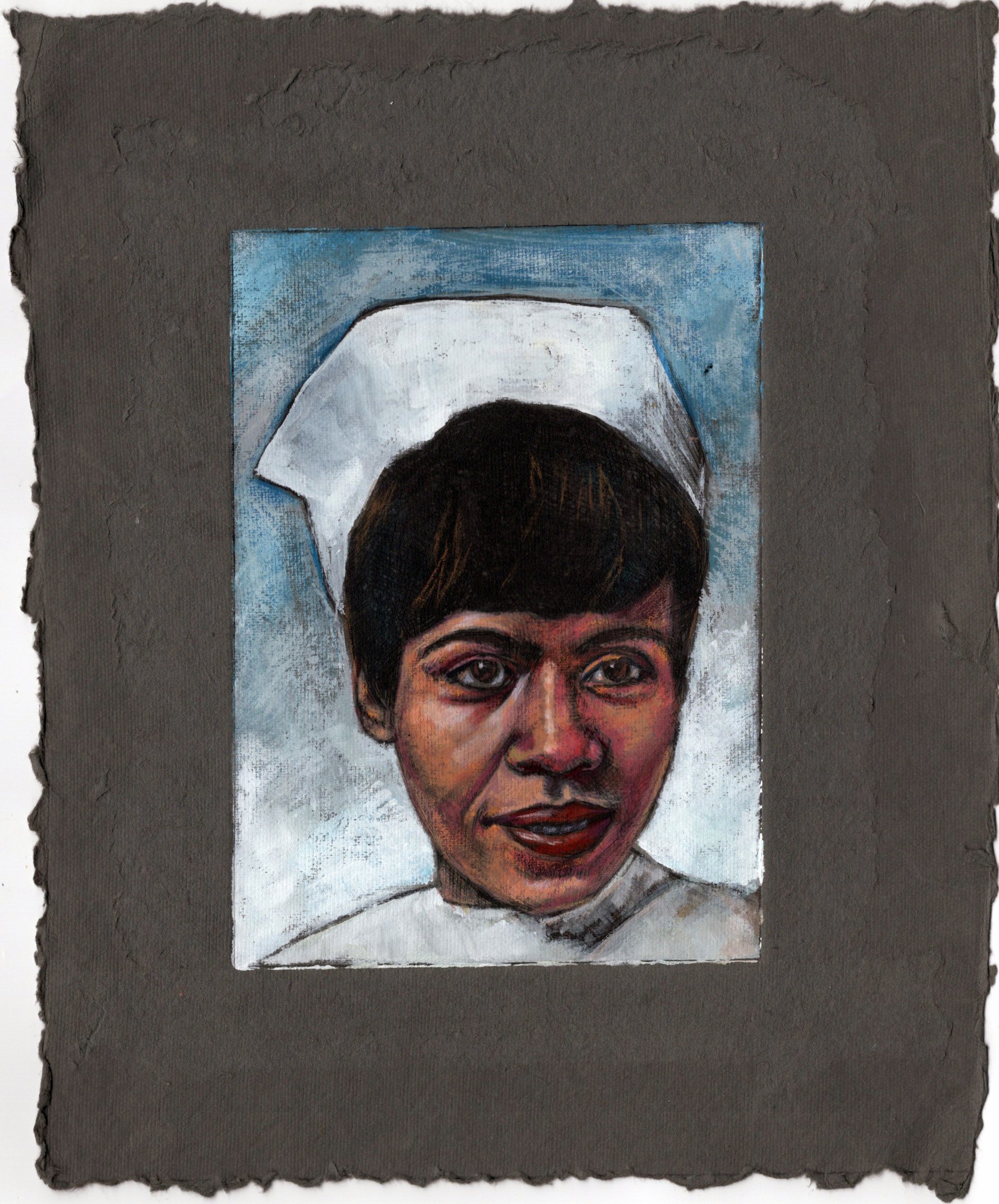 Portrait of a woman with short dark hair wearing a white nurse's cap, painted with a blue background.