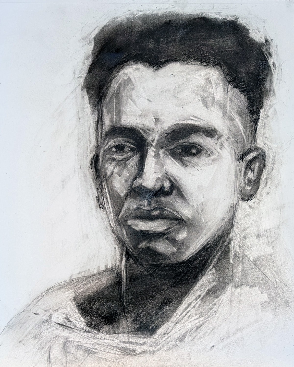 Black and white portrait of a young man with short hair, serious expression, and wearing a shirt, painted in a loose style.