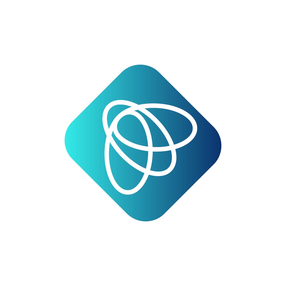A logo with a white abstract line design inside a blue gradient diamond shape.