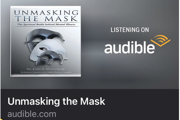 Book cover titled 'Unmasking the Mask' with two masks, and text indicating listening on Audible, 20 words, confidence 0.9