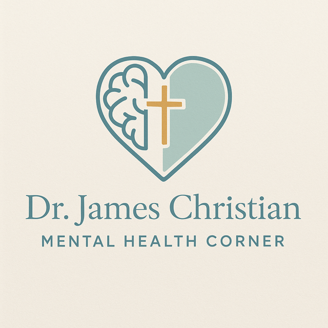 Logo with a heart, brain, cross, and text for Dr. James Christian Mental Health Corner.