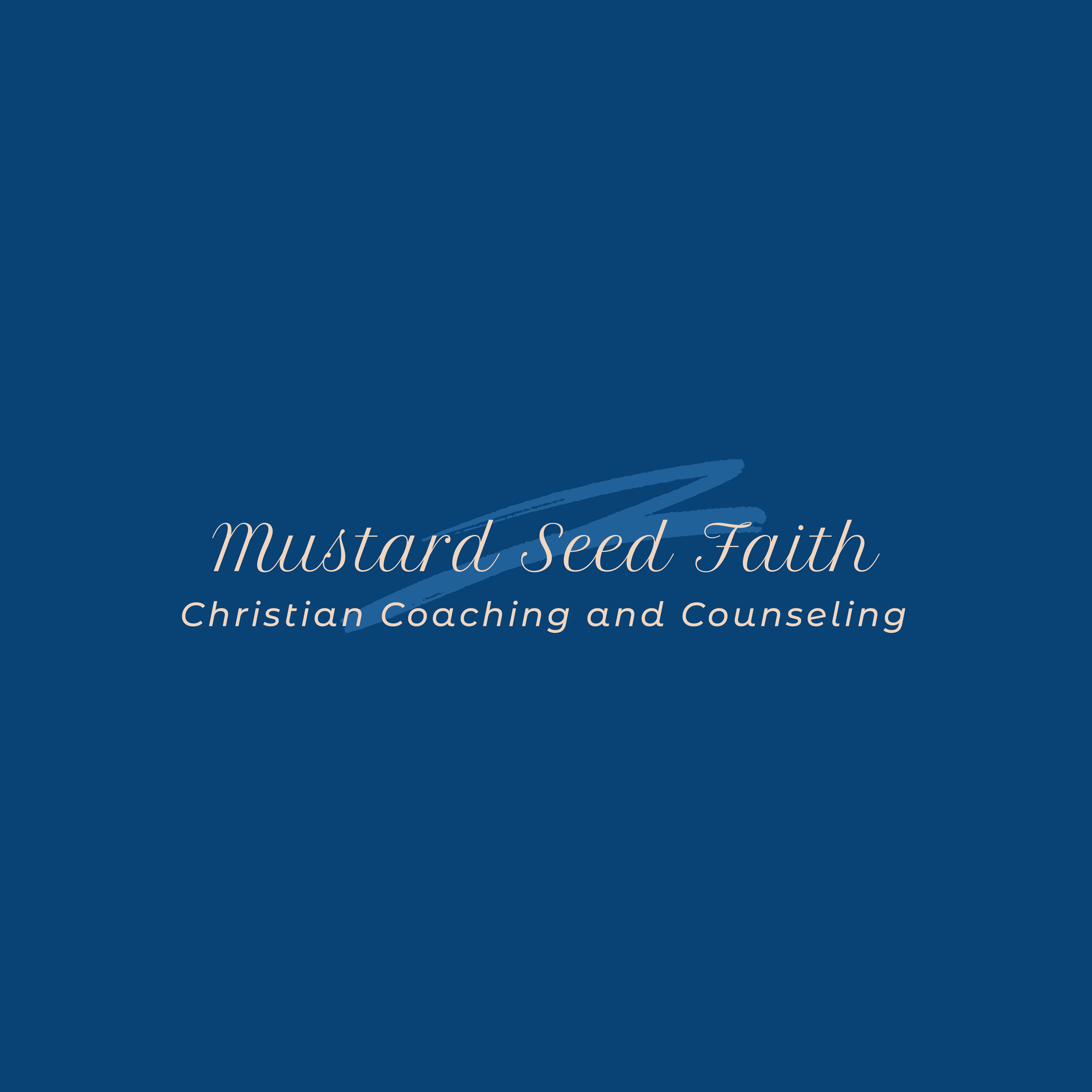 Blue background with white text reading 'Mustard Seed Faith' and 'Christian Coaching and Counseling'.