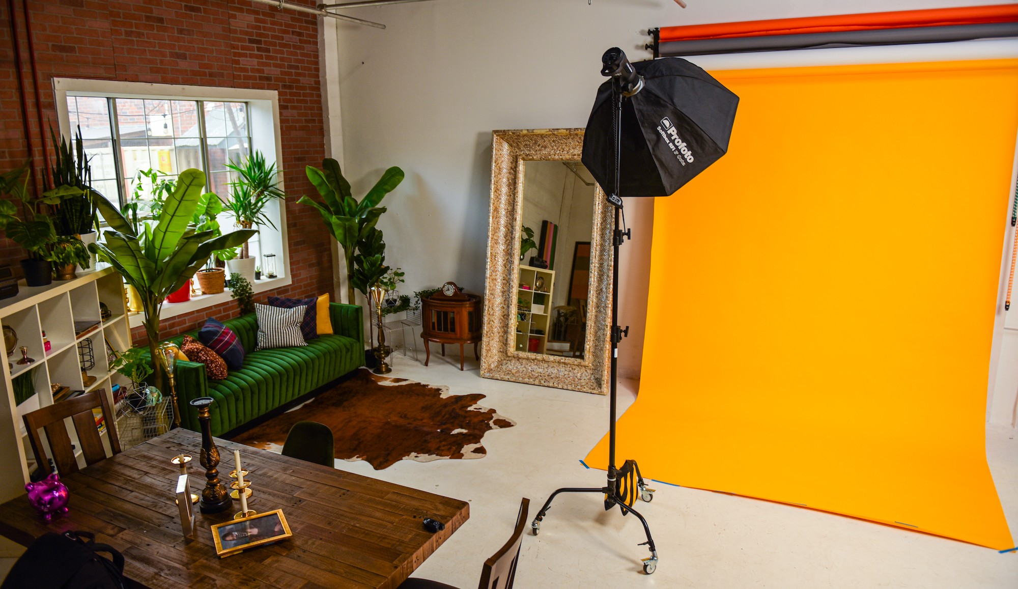 Indoor studio with a yellow backdrop, photography equipment, a mirror, plants, and a green sofa, natural light from windows.