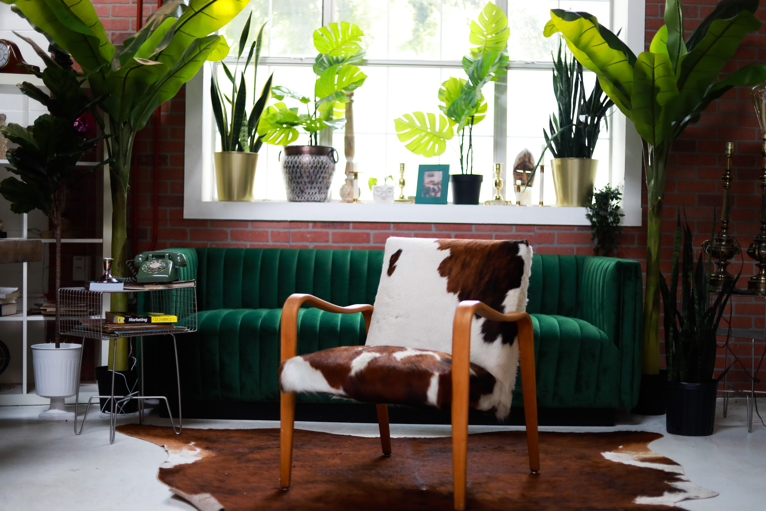 Living room with green velvet sofa, cowhide chair, large plants, and window with sunlight, brick wall background.