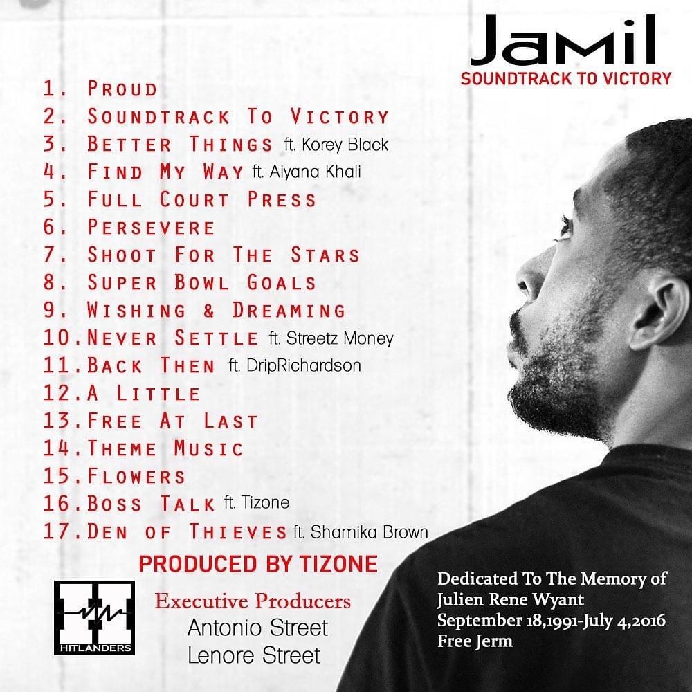 Black and white side profile of a man with glasses, text listing songs and credits for soundtrack album, cover design.
