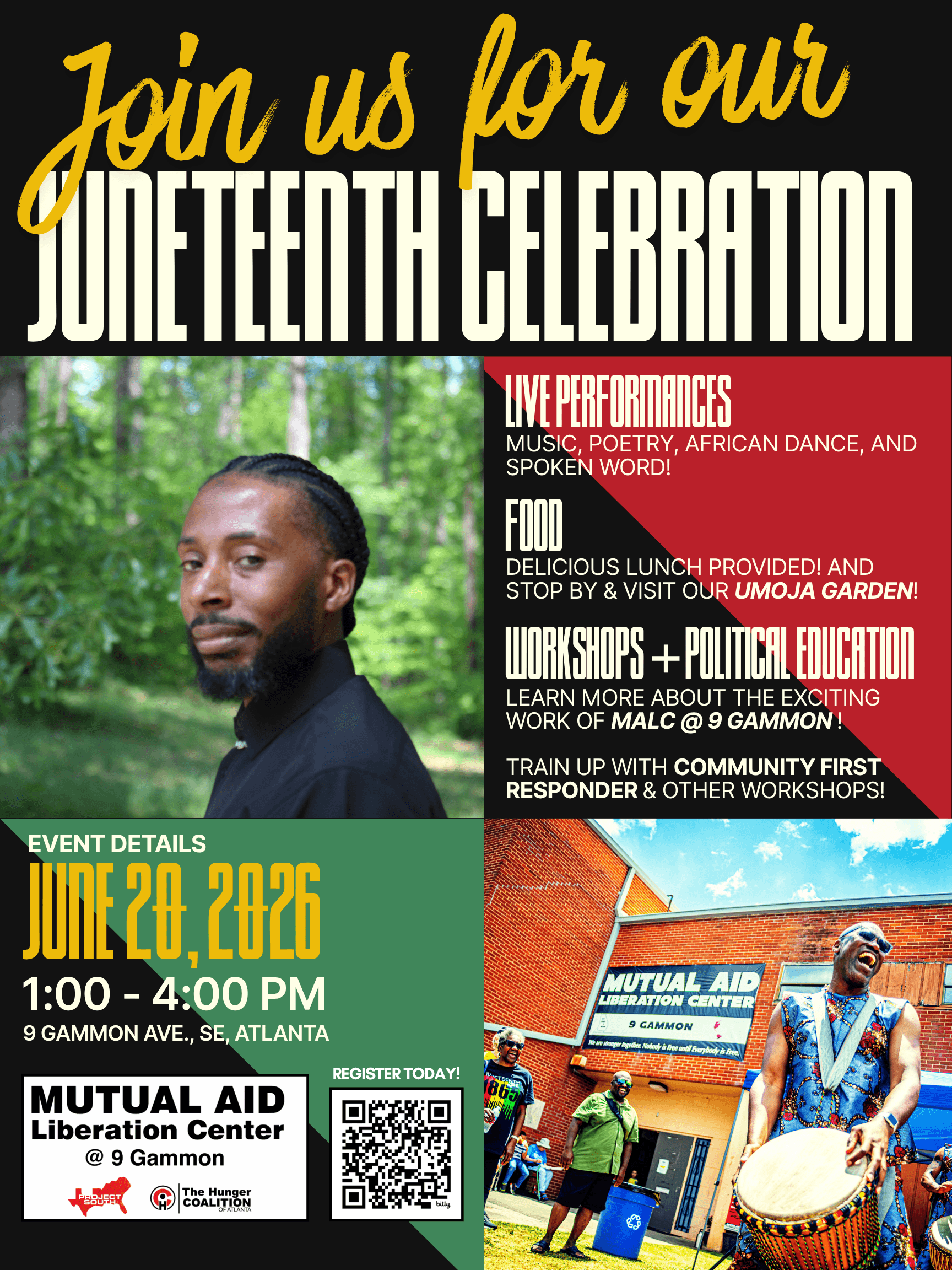Juneteenth celebration event poster with text, images of people, and event details, including date, time, and location.