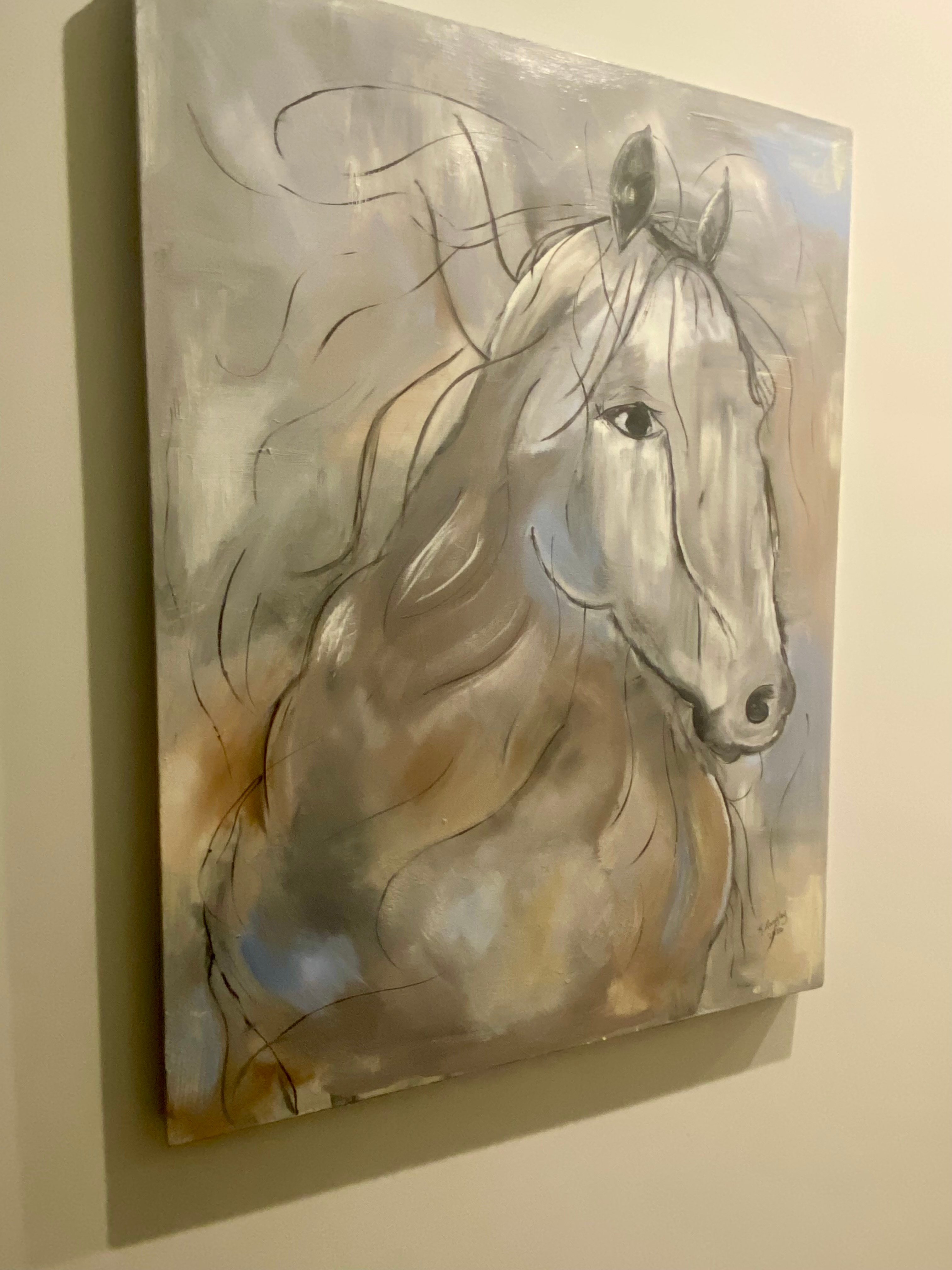 Painting of a horse with flowing mane, in soft neutral tones, on a light background.