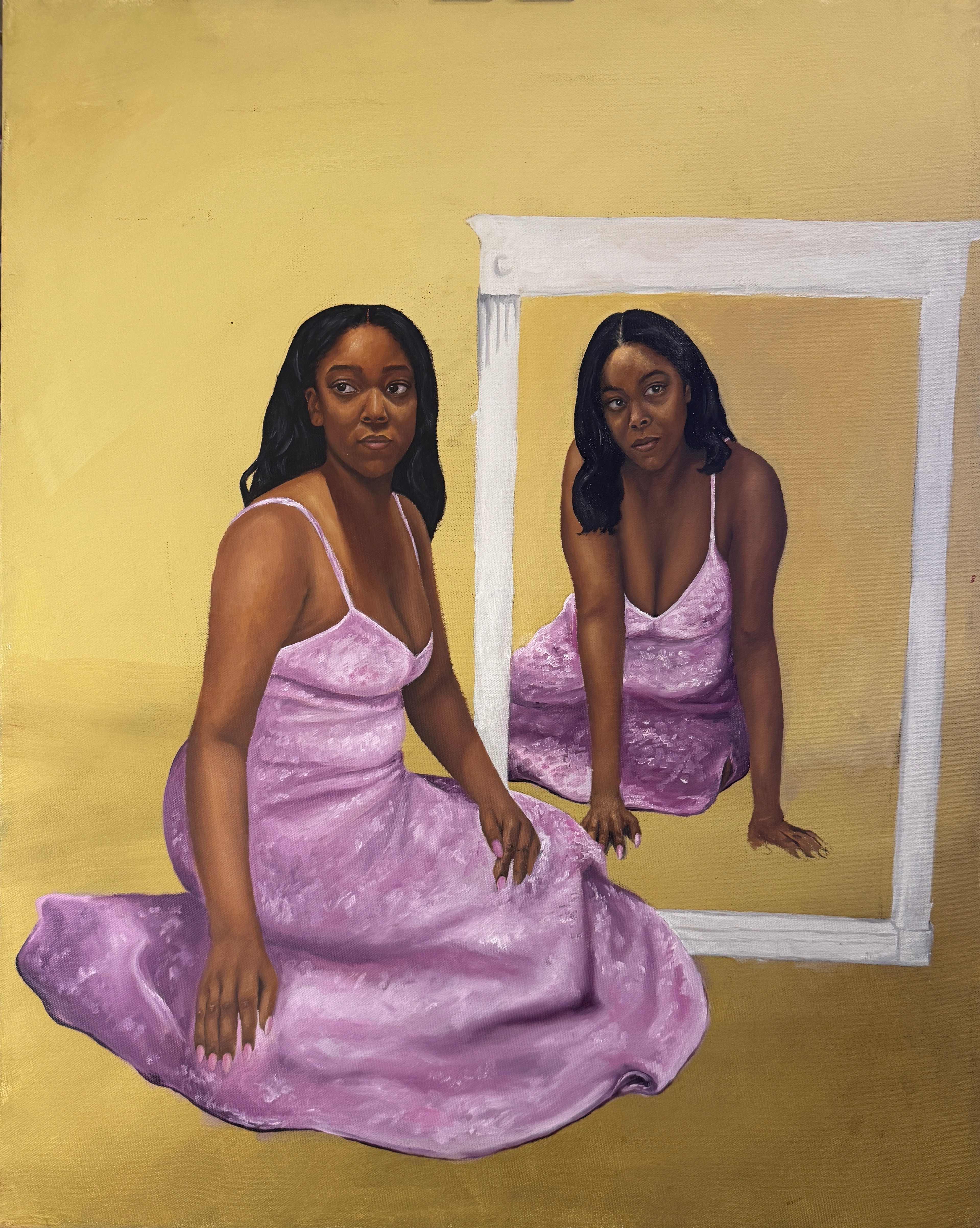 Two women in pink dresses, one sitting on the floor and the other in a mirror, both with long dark hair, against a yellow background.