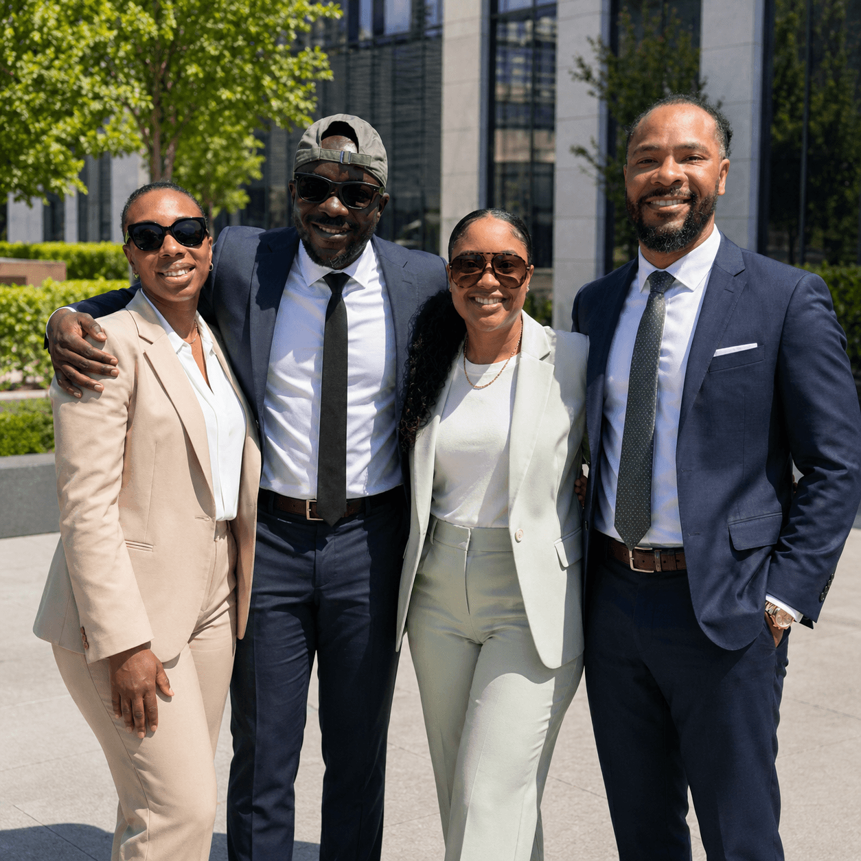 Four people in business attire standing outdoors, smiling, with modern buildings and trees in the background.