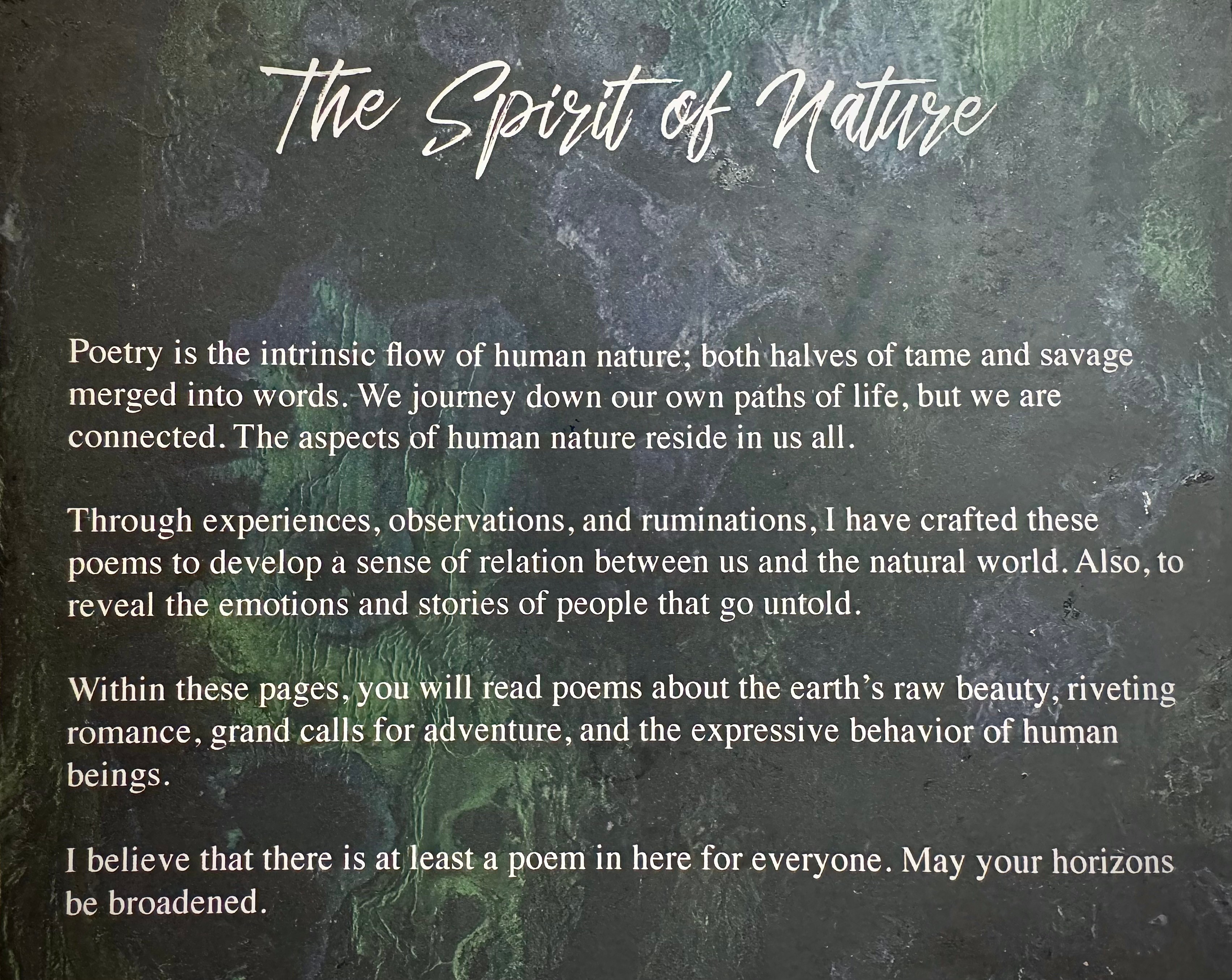 Text on a dark background reads 'The Spirit of Nature' and discusses poetry and human connection to nature.