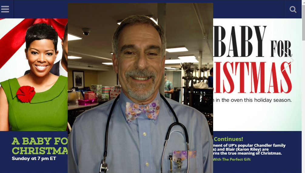A smiling man in a medical coat with a stethoscope, background of a hospital or clinic, promotional text about a holiday season event.
