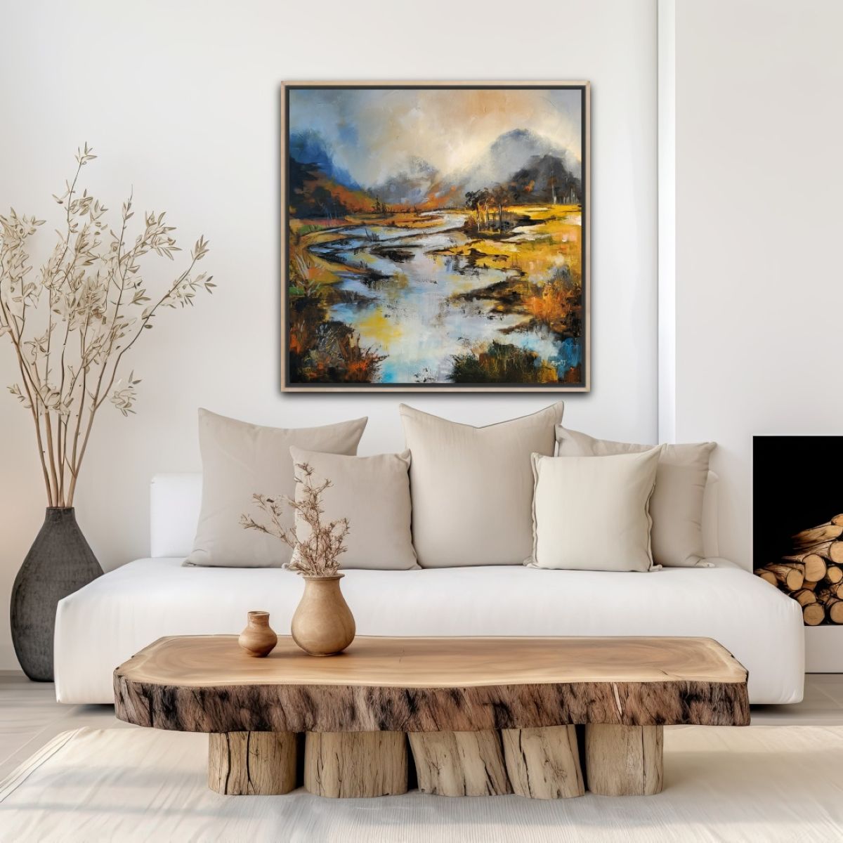 Living room with a white sofa, beige pillows, a wooden coffee table, a large painting, and a tall vase with branches.