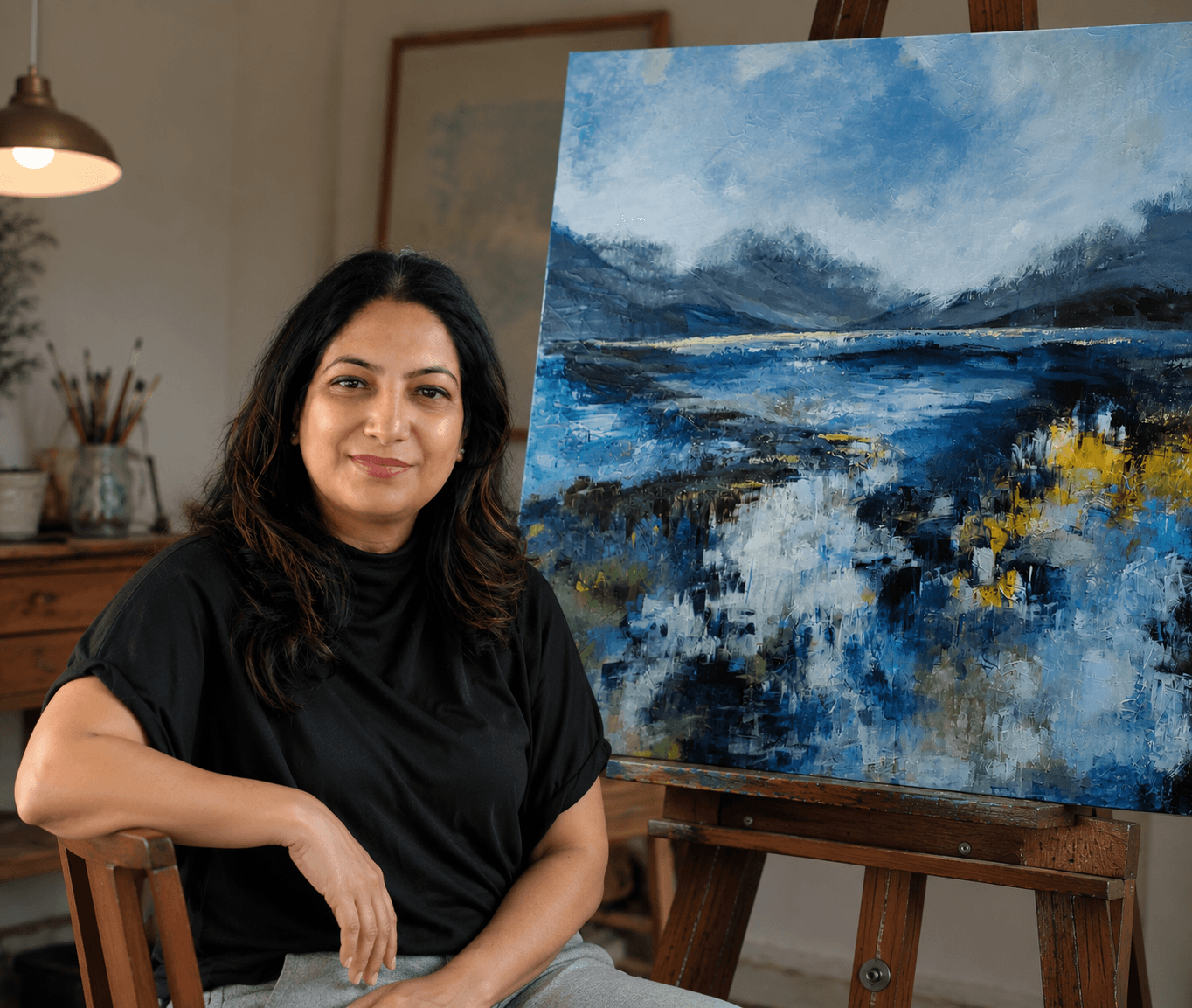 Woman sitting next to an abstract landscape painting on an easel in a cozy room.