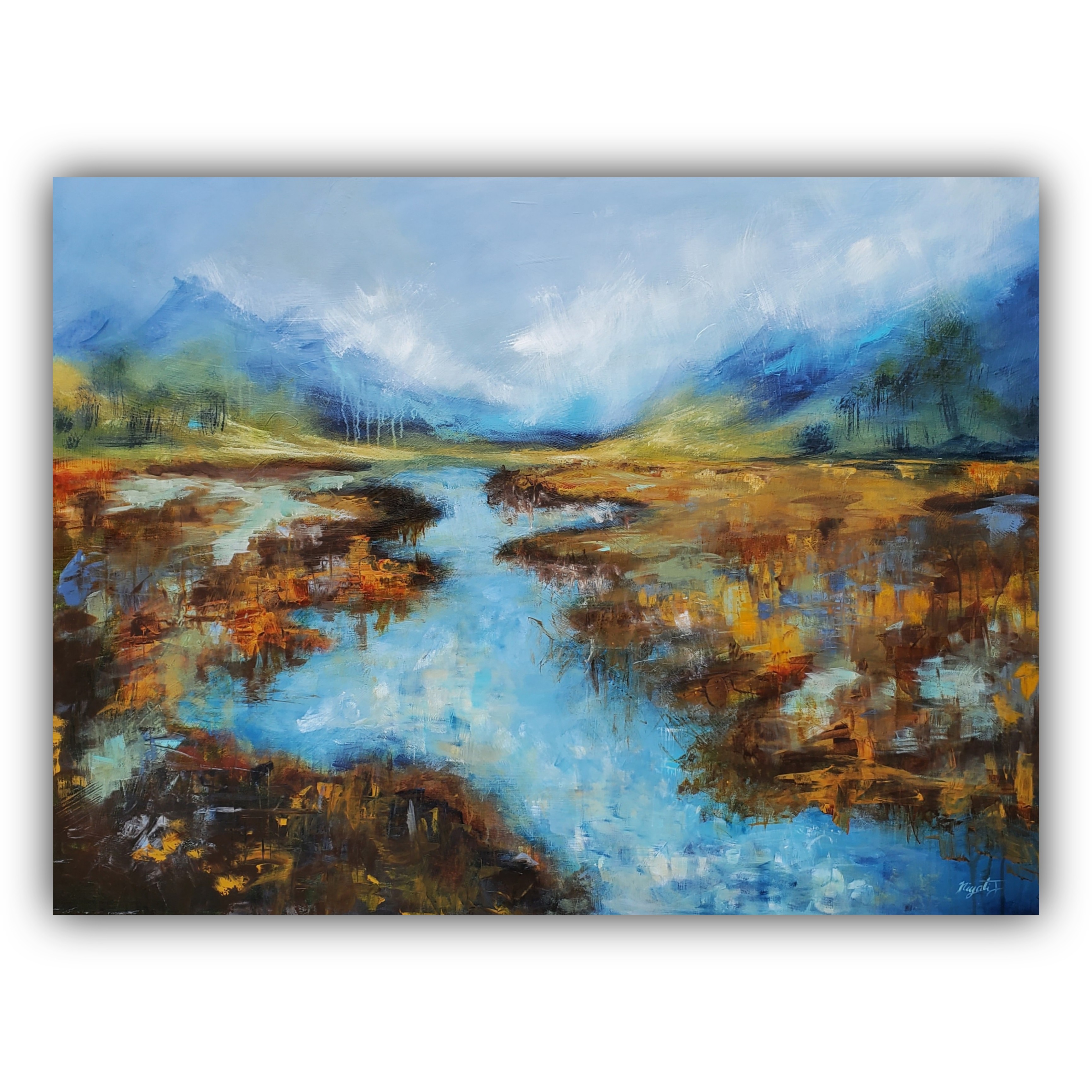 Landscape painting of a river flowing through a valley with mountains and trees in the background, in a colorful, impressionistic style.