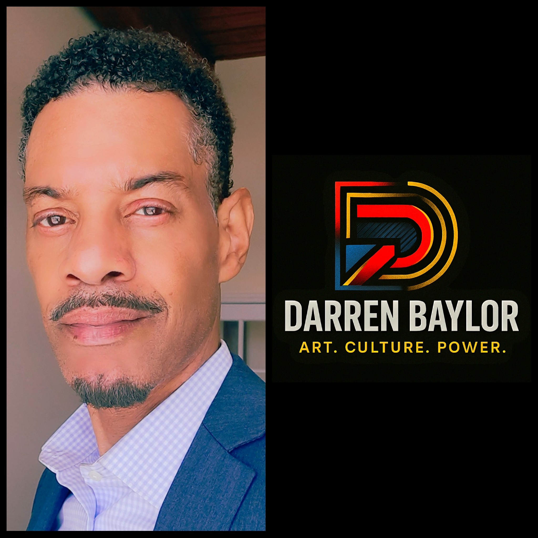 Portrait of a man with short curly hair, wearing a blue suit and light blue shirt, next to a logo with the name Darren Baylor.