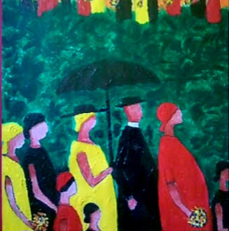 Four people in colorful clothing standing outdoors with trees and greenery in background, some holding objects.