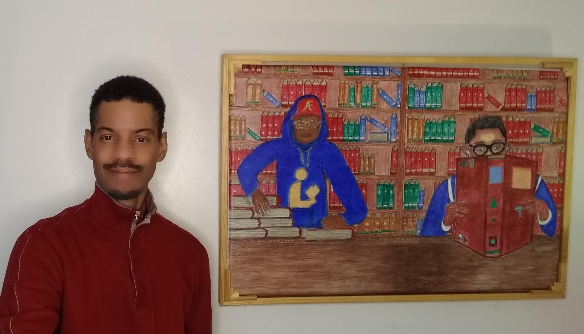 Person with mustache and red jacket standing next to a colorful painting of two people in a bookstore, one reading a book.