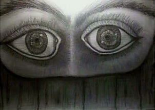 Black and white drawing of two eyes with detailed irises and eyelashes, positioned upside down on a surface.