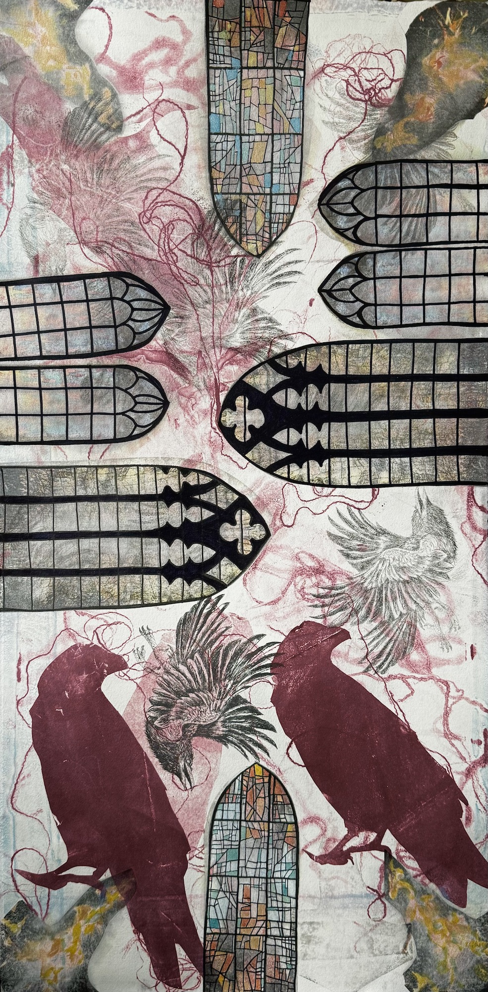 Two black wireframe hands with fingers touching, surrounded by red and black birds, stained glass windows, and abstract patterns.
