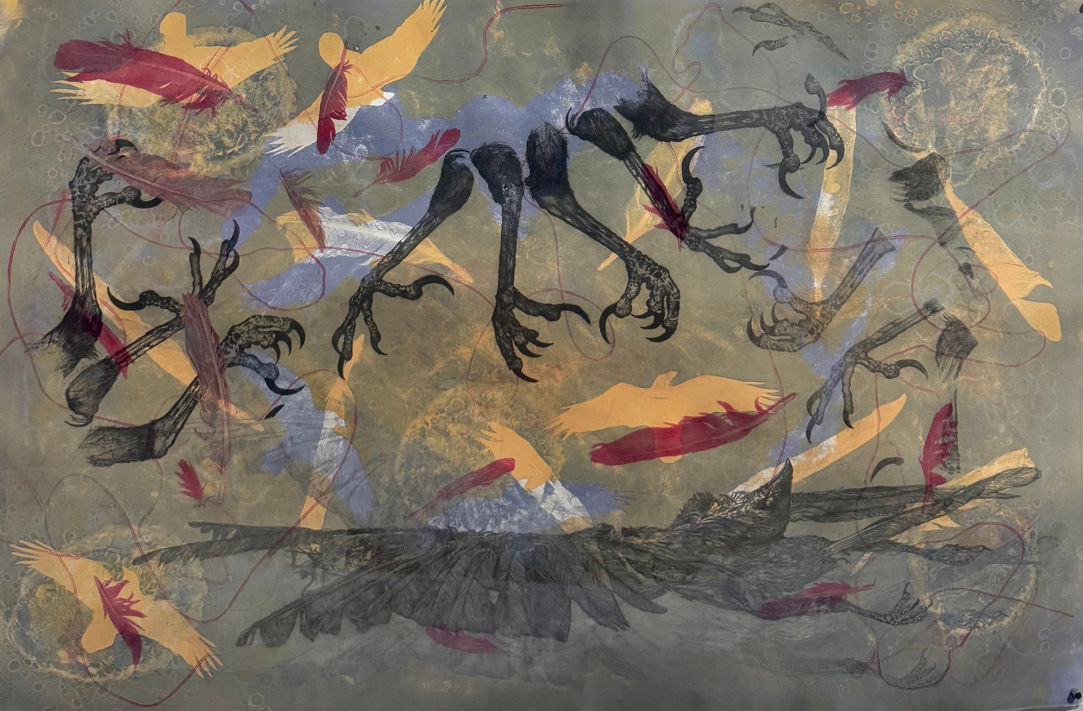 Multiple black bird-like creatures with long legs and beaks among colorful abstract shapes and feathers.