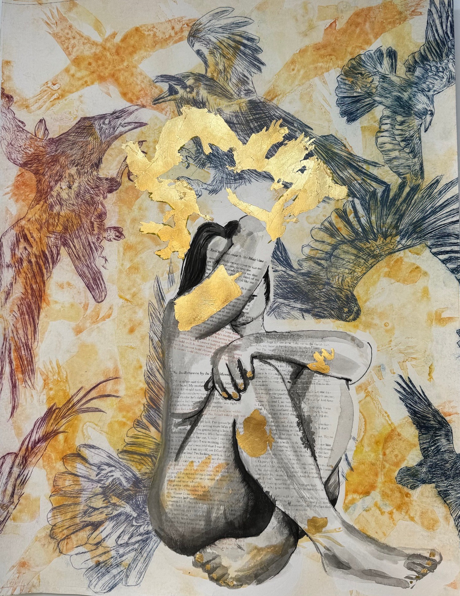 A drawing of a seated woman surrounded by birds, with yellow and gray tones, in a mixed media style.