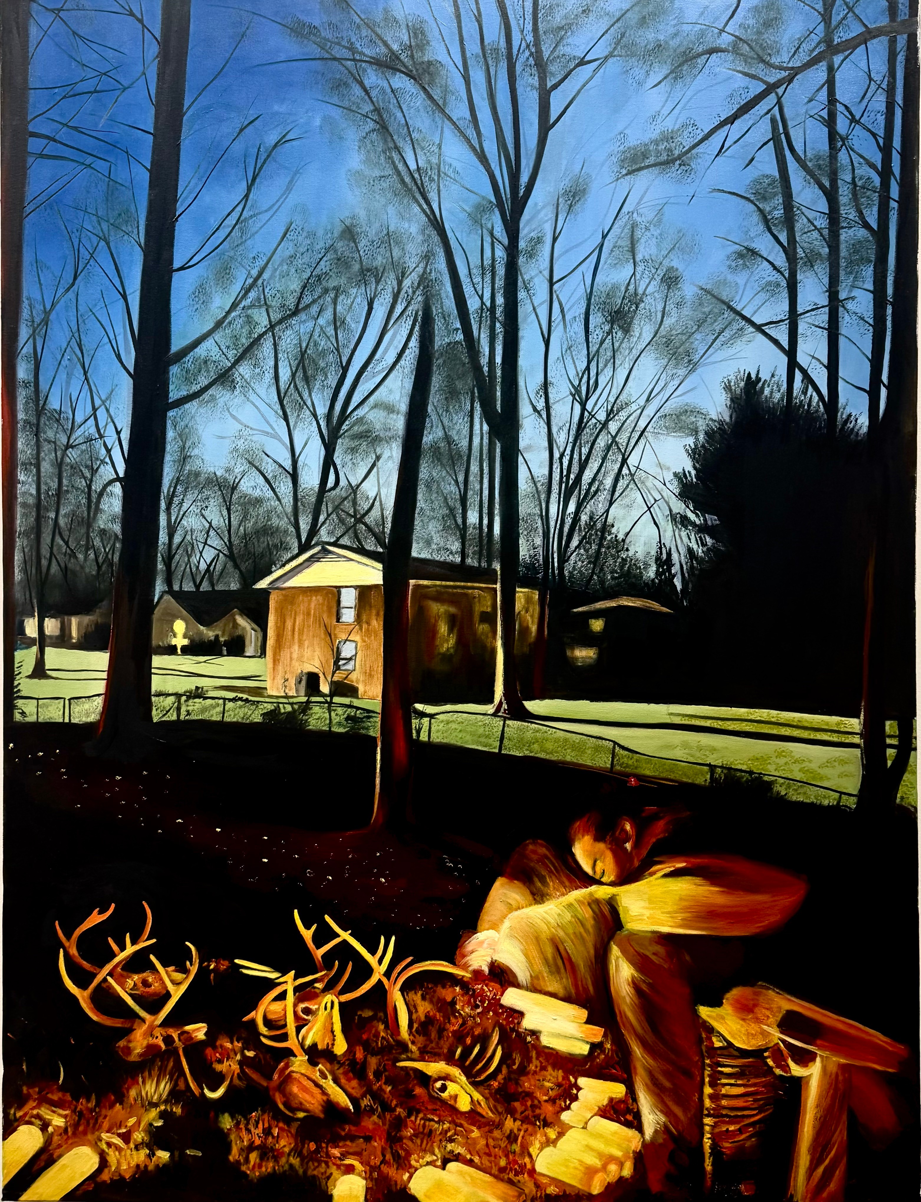 Night scene with trees, a house, and a person near a campfire with deer antlers, under a blue sky.
