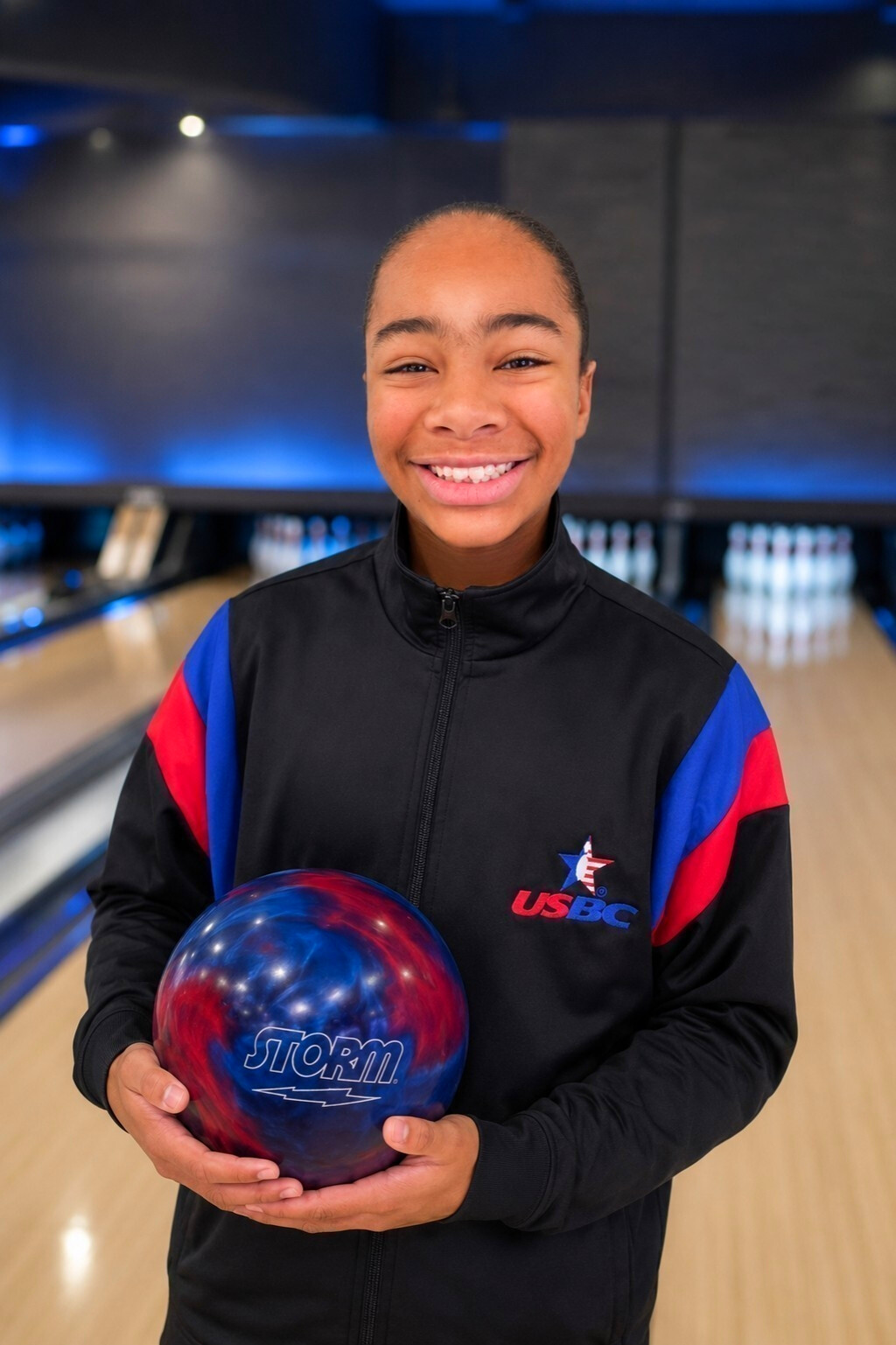 Young woman smiling holding a blue bowling ball in a bowling alley, wearing a black jacket with red and blue accents.