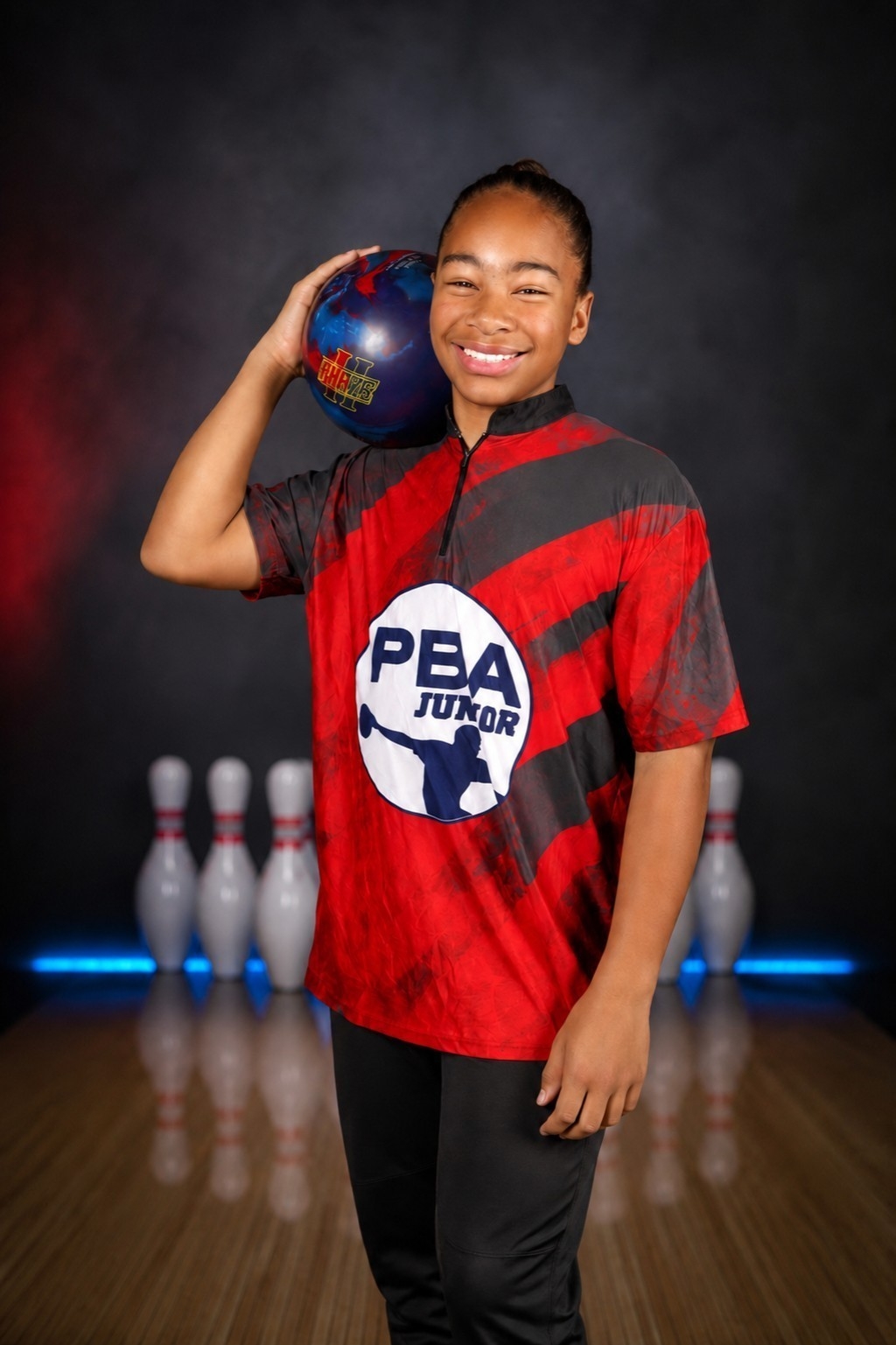 Young girl smiling, holding a bowling ball on her shoulder, standing in a bowling alley with pins behind her.