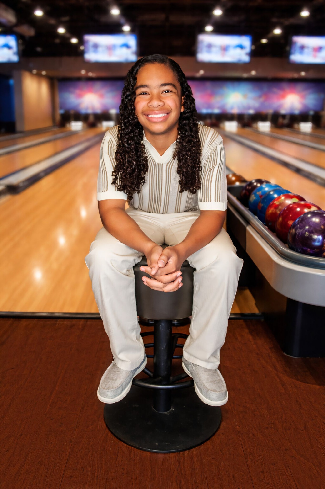 Young girl with curly hair smiling, sitting on a stool at a bowling alley, with bowling balls and lanes in background.