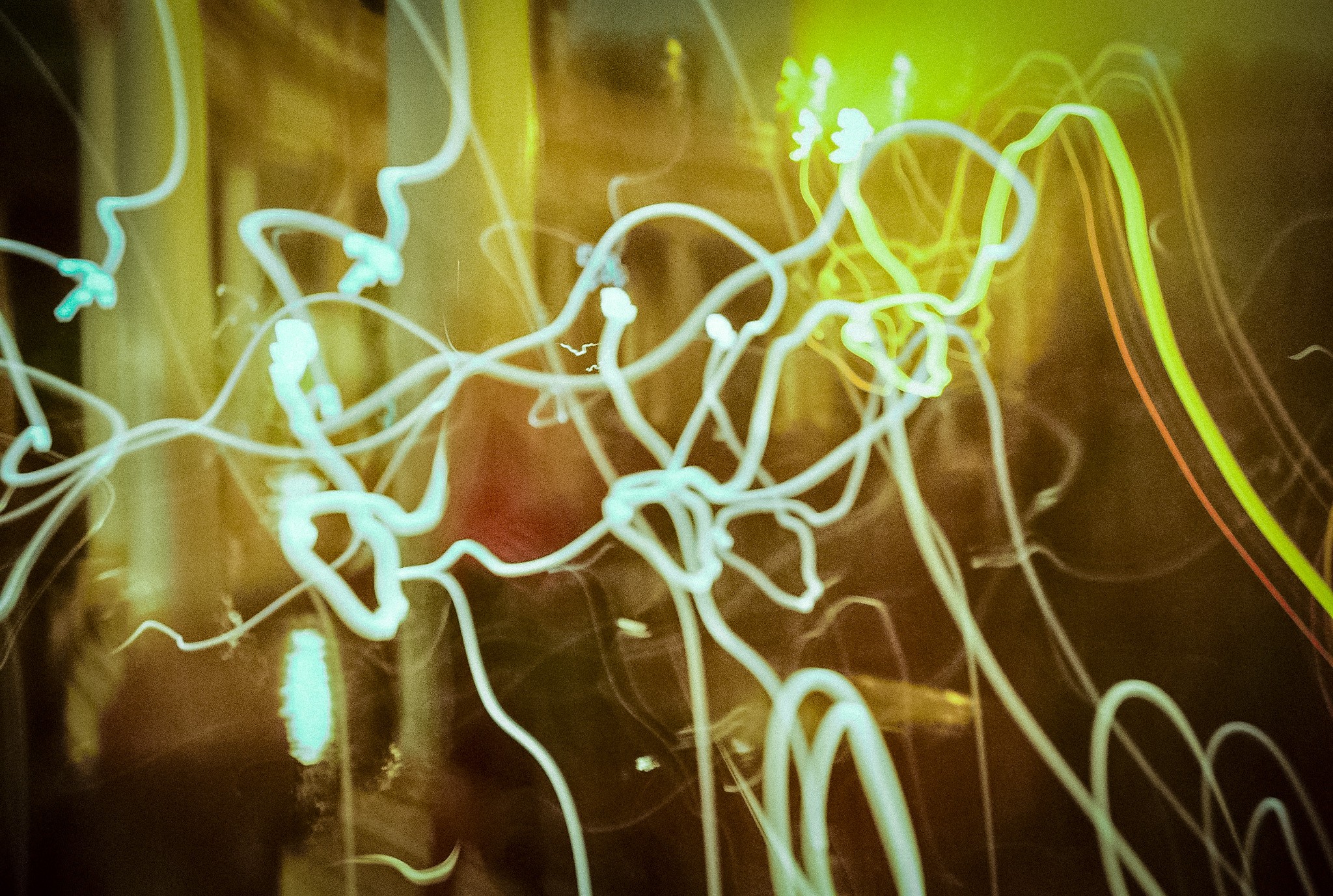 Colorful abstract light trails with bright lines and curves against a dark background.
