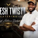 Smiling chef in white uniform and cap in a professional kitchen, with text about catering and events.