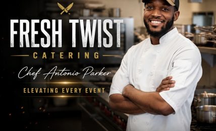 Smiling chef in white uniform and cap in a professional kitchen, with text about catering and events.
