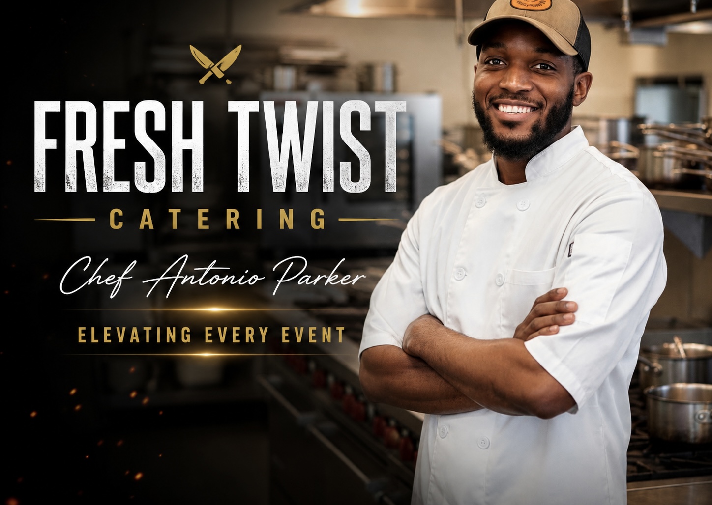 Smiling chef in white uniform and cap in a professional kitchen, with text about catering and events.