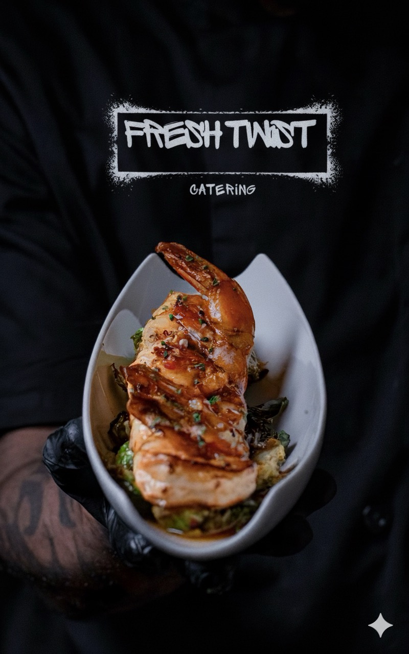 Person holding a bowl of layered food with sauce and vegetables, wearing a black shirt with white text.