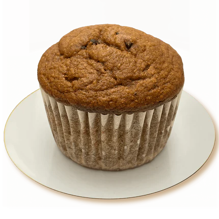 Chocolate chip muffin on a white plate against a black background.