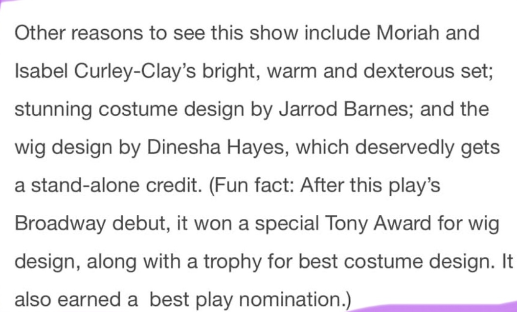 Text excerpt discussing a show, costume design, and awards, with no images or people visible.