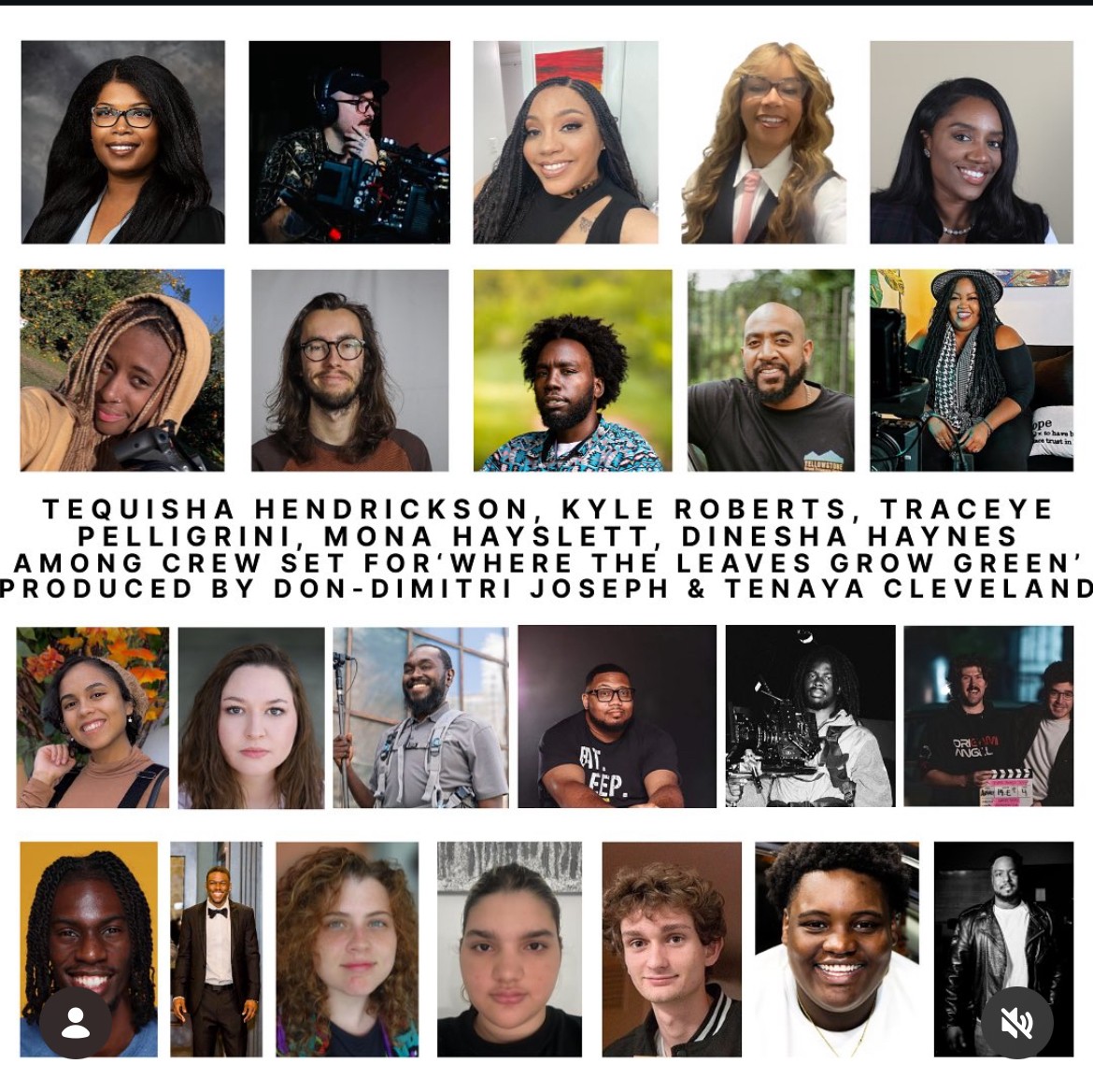 Collage of 20 diverse people, some smiling, some in professional settings, with text about a crew and production details.