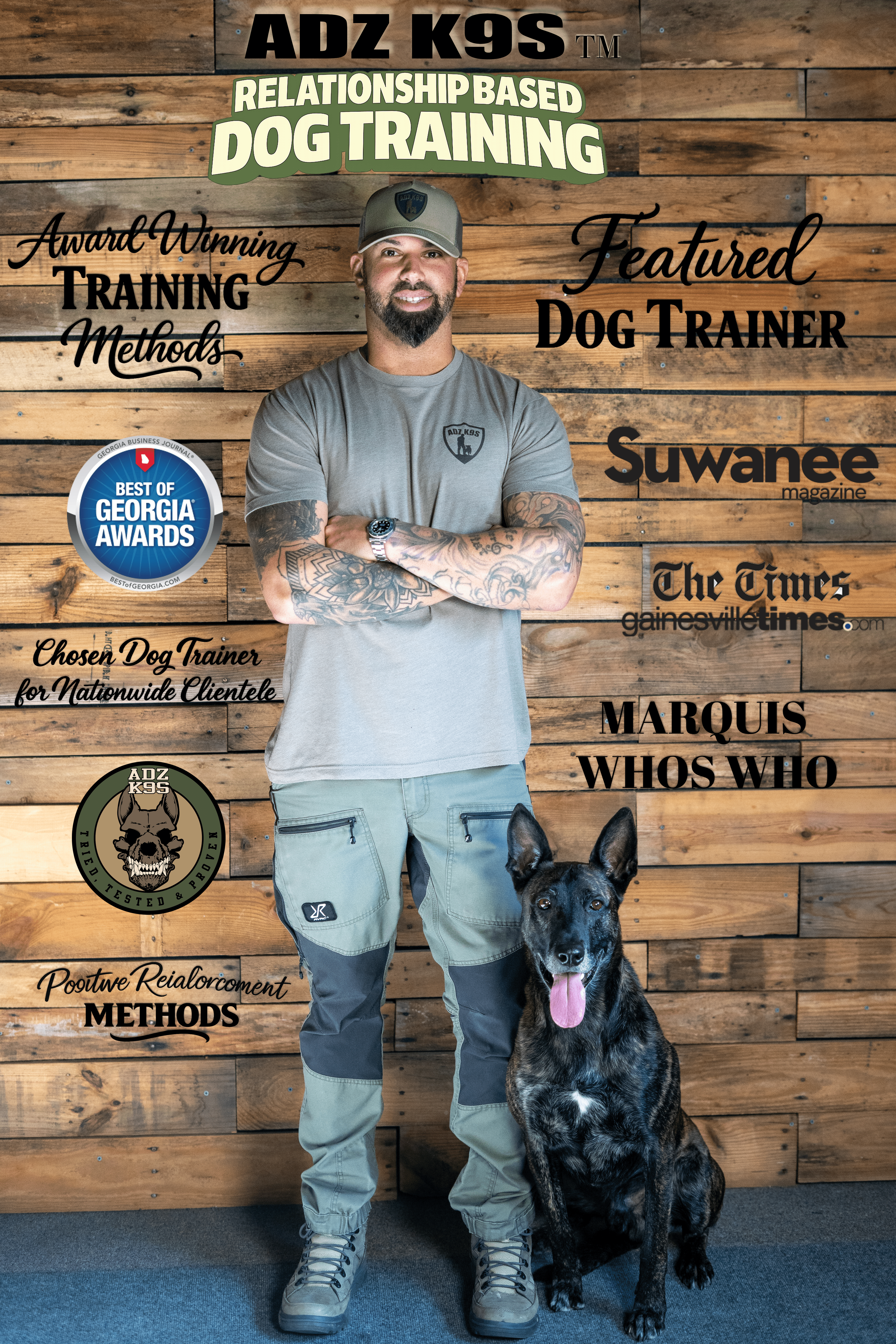 Man in gray shirt and cap with a black dog in front, wooden background with training and dog-related text
