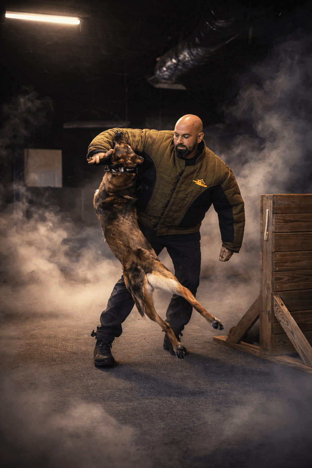 Man training dog with smoke and wooden obstacle in background, indoor setting.